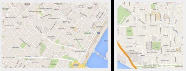 Two maps depicting city streets and parks on the left Barcelona, Spain and the right Port of Spain, Trinidad